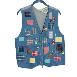 Casey & Max Vintage Patchwork Denim Vest XL Embroidered Birdhouse Cottagecore